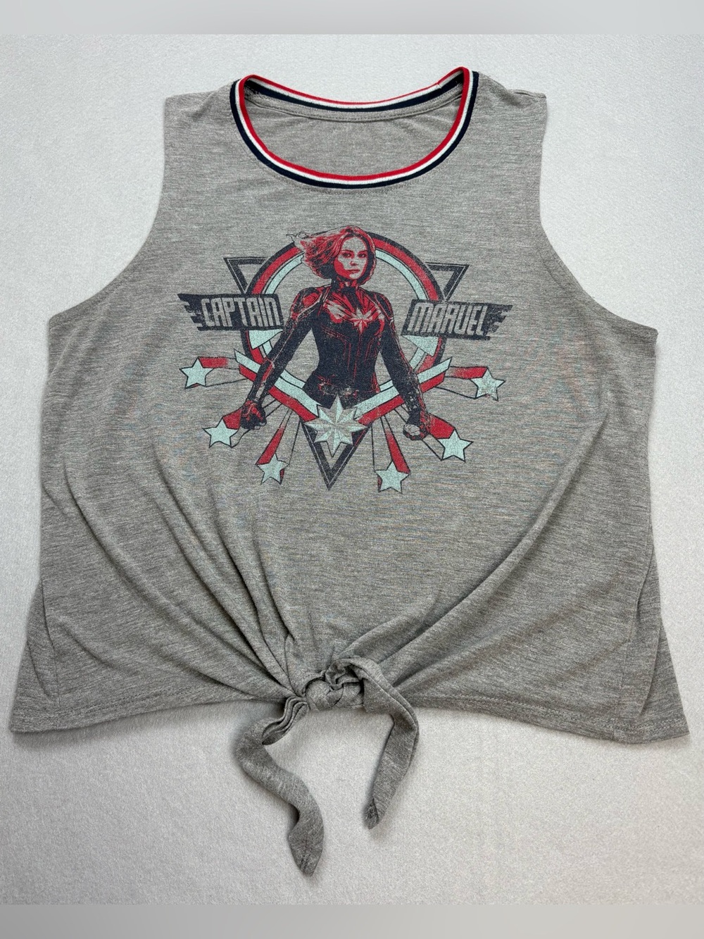 Captain Marvel Tie Front Graphic Tank Top Gray Sleeveless